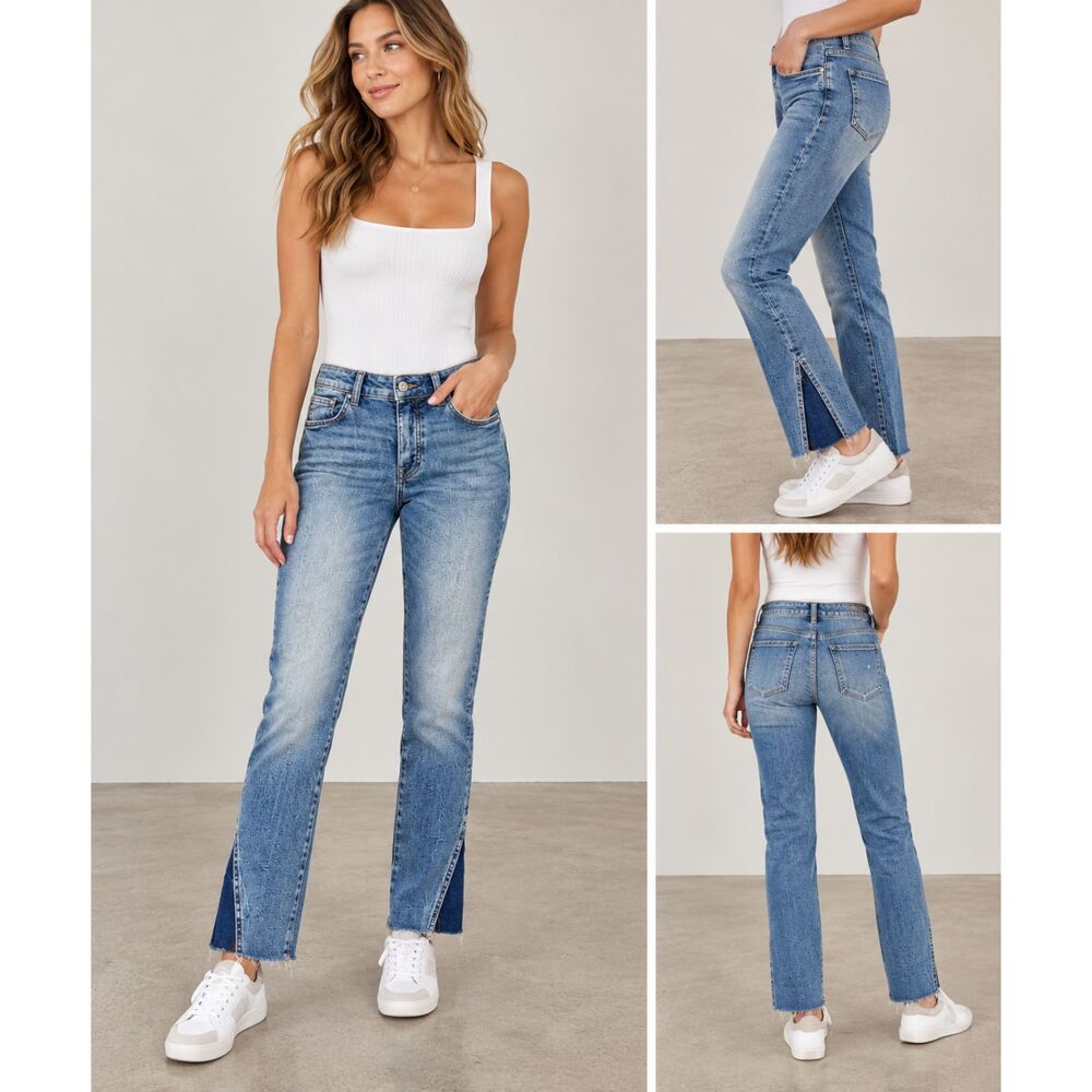 Zara Skinny Jeans Womens Size 4 Blue Denim Raw Hem Contrast Wedge Ankle